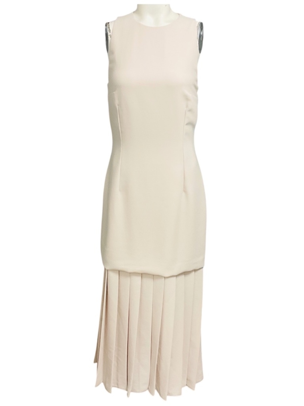 16ARLINGTON OSSO BEIGE ANCI DROP WAIST CREPE MIDI DRESS